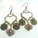 Metal Dangle Bronze Gypsy Earrings Red Heart Coins