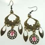 Metal Dangle Bronze Gypsy Earrings Pink Beads