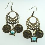 Metal Dangle Bronze Gypsy Earrings Blue Coin