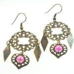 Metal Dangle Bronze Gypsy Earrings Pink Hearts
