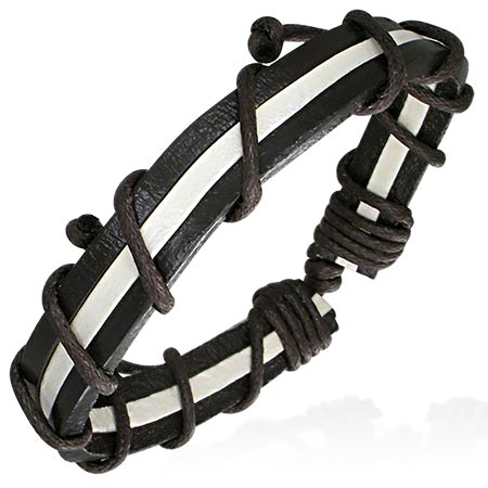 Leather Black White Stripe Bracelet
