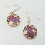 Light Wooden Jewellery Earrings Disc Round Wood Pink Flowers Leaves Womens New